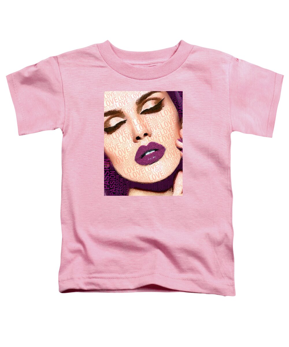 Woman Toddler T-Shirt featuring the painting Love And Passion Portrait Of A Woman With Words Purple by Tony Rubino