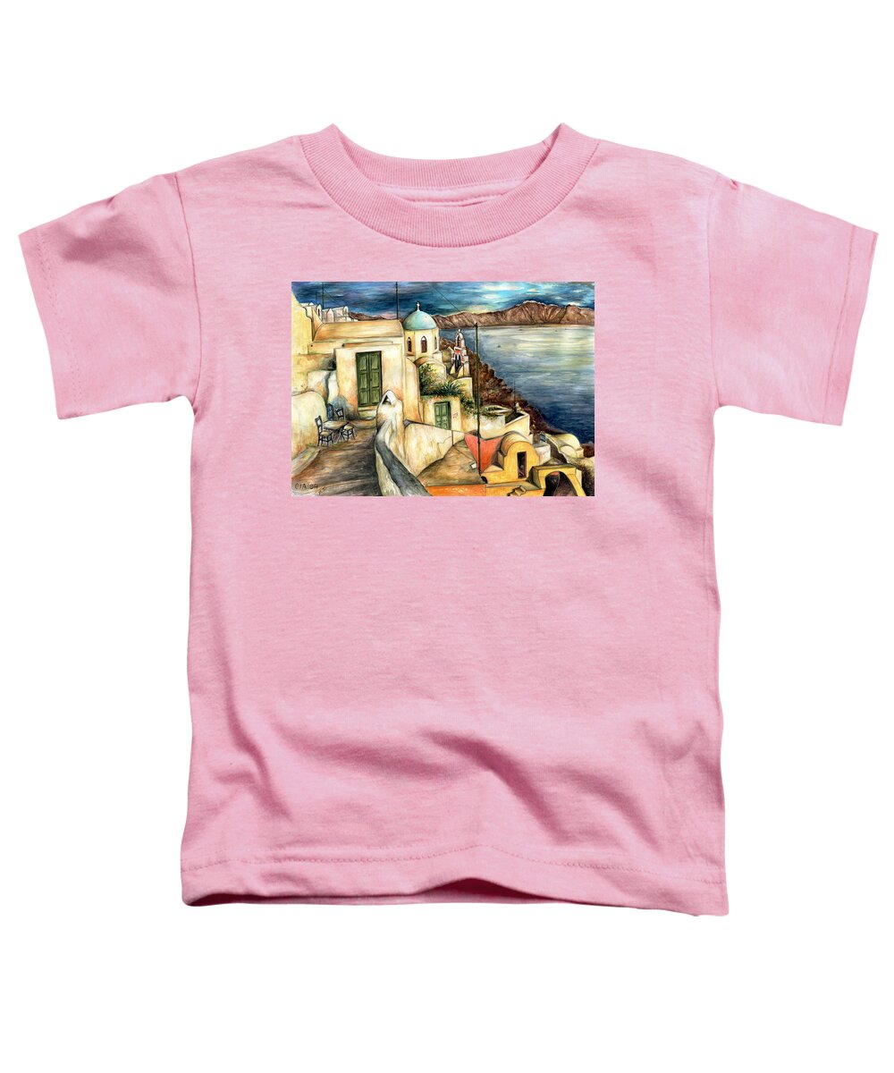 Santorini Toddler T-Shirt featuring the painting Oia Santorini Greece - Watercolor by Peter Potter