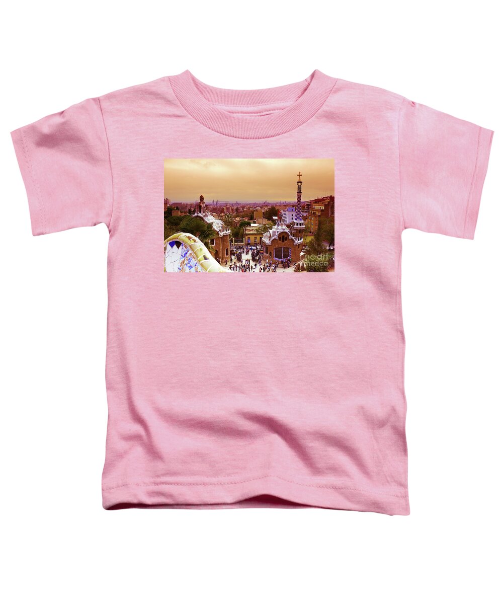 Antonio Gaudi Toddler T-Shirt featuring the photograph Park Guell at Sunset in Barcelona by Anastasy Yarmolovich