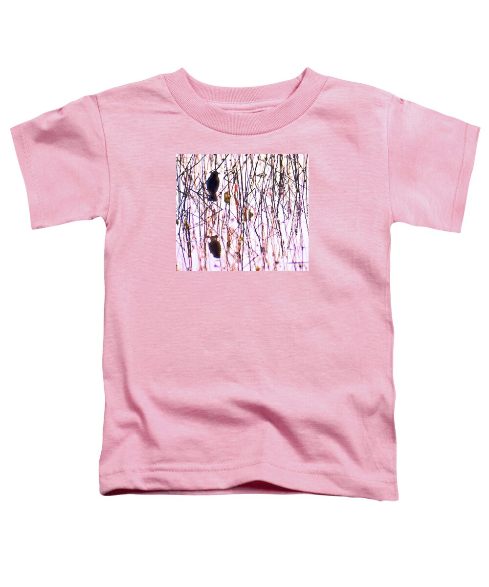 Starling Toddler T-Shirt featuring the photograph Starling Perched with Reflection by Josephine Buschman