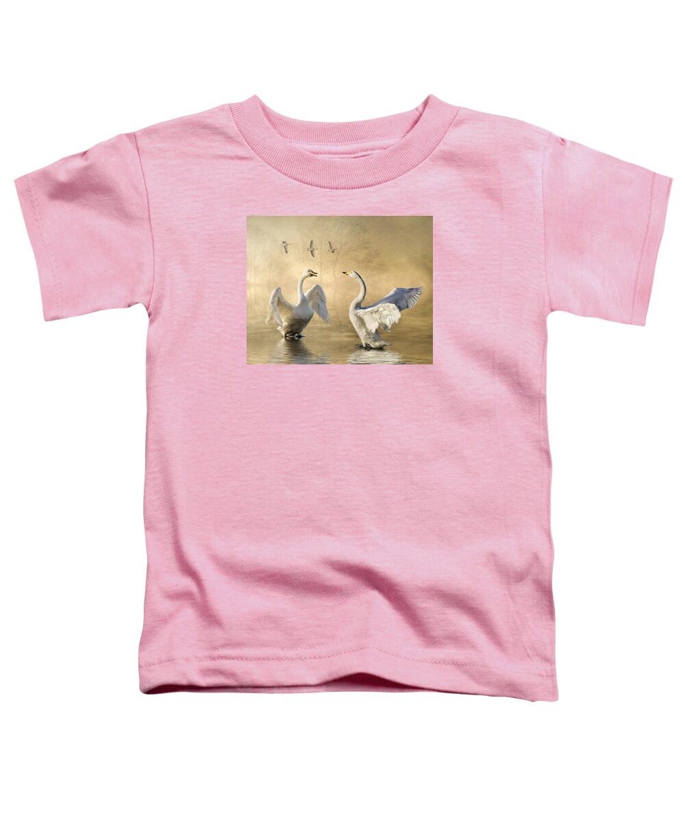 Swans Toddler T-Shirt featuring the photograph Sunset squabble by Brian Tarr