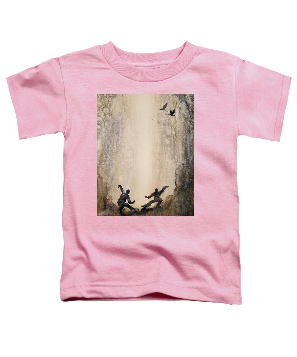 The Flying Cranes Toddler T-Shirt featuring the painting The flying cranes, waterfall and Tai chi by Han in Huang wong