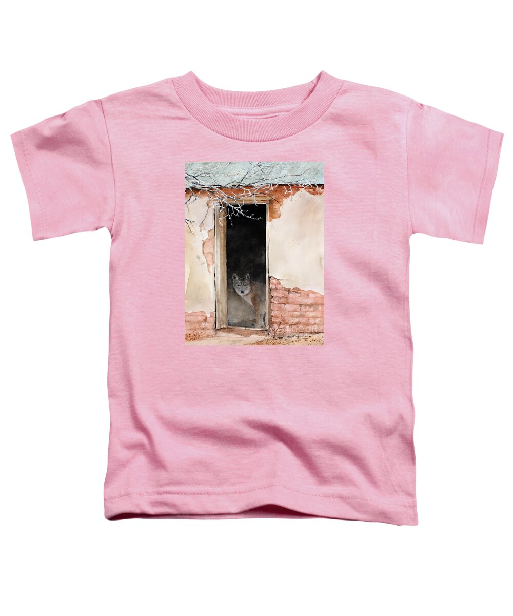 A Coyote Stands Inside The Doorway Of An Abandon Dwelling In A Deserted Town In New Mexico. Toddler T-Shirt featuring the painting The New Tenent by Monte Toon