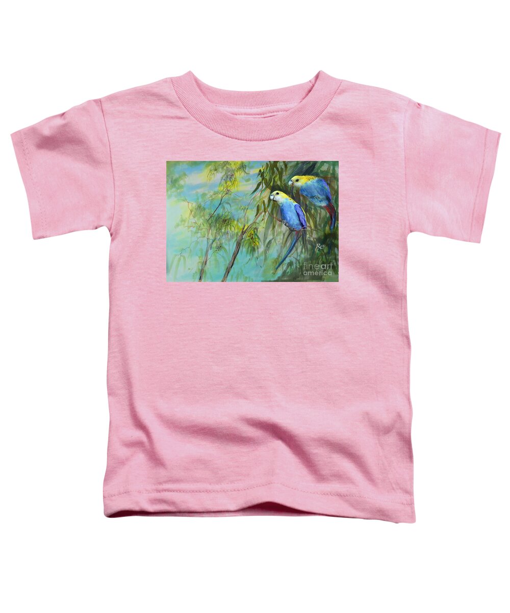 Rosella Toddler T-Shirt featuring the painting Two pale-faced rosellas by Ryn Shell