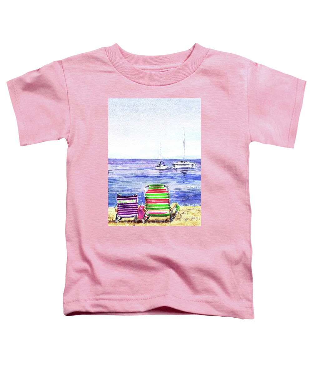 Beaches Toddler T-Shirt featuring the painting Two Happy Chairs On The Beach by Irina Sztukowski