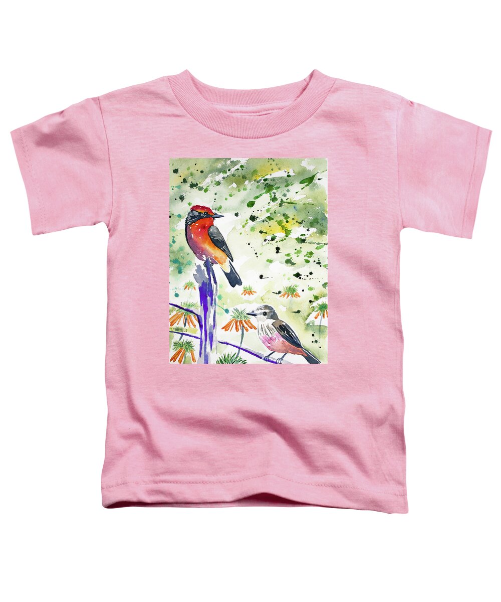 Vermilion Flycatcher Toddler T-Shirt featuring the painting Watercolor - Vermilion Flycatcher Pair in Quito by Cascade Colors