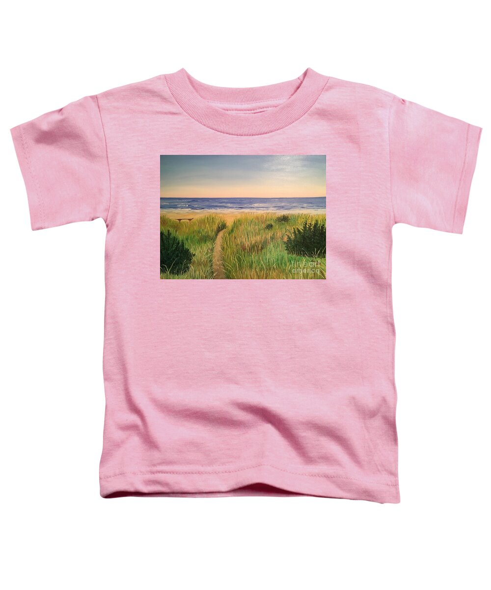 Beach Toddler T-Shirt featuring the painting Beach Bench by Lisa Rose Musselwhite