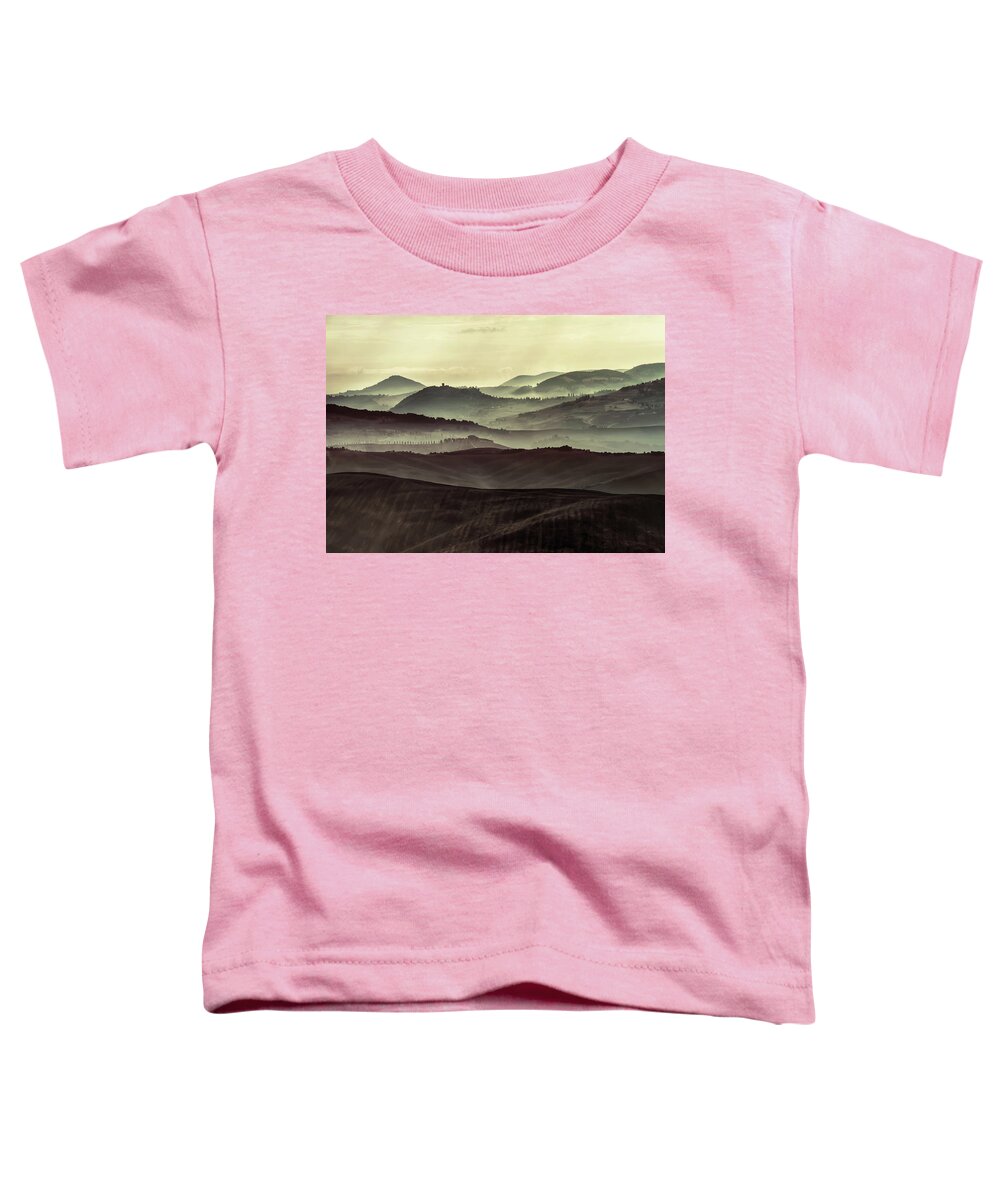 Toscany Toddler T-Shirt featuring the photograph Foggy early morning in Toscany by Jaroslaw Blaminsky