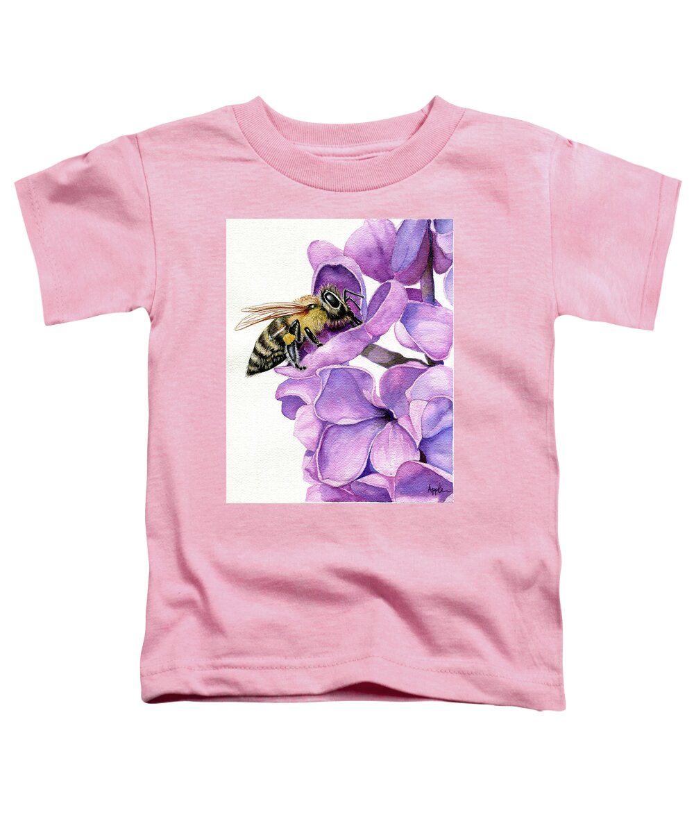 Watercolor Toddler T-Shirt featuring the painting Honey Bee and Lilacs by Linda Apple