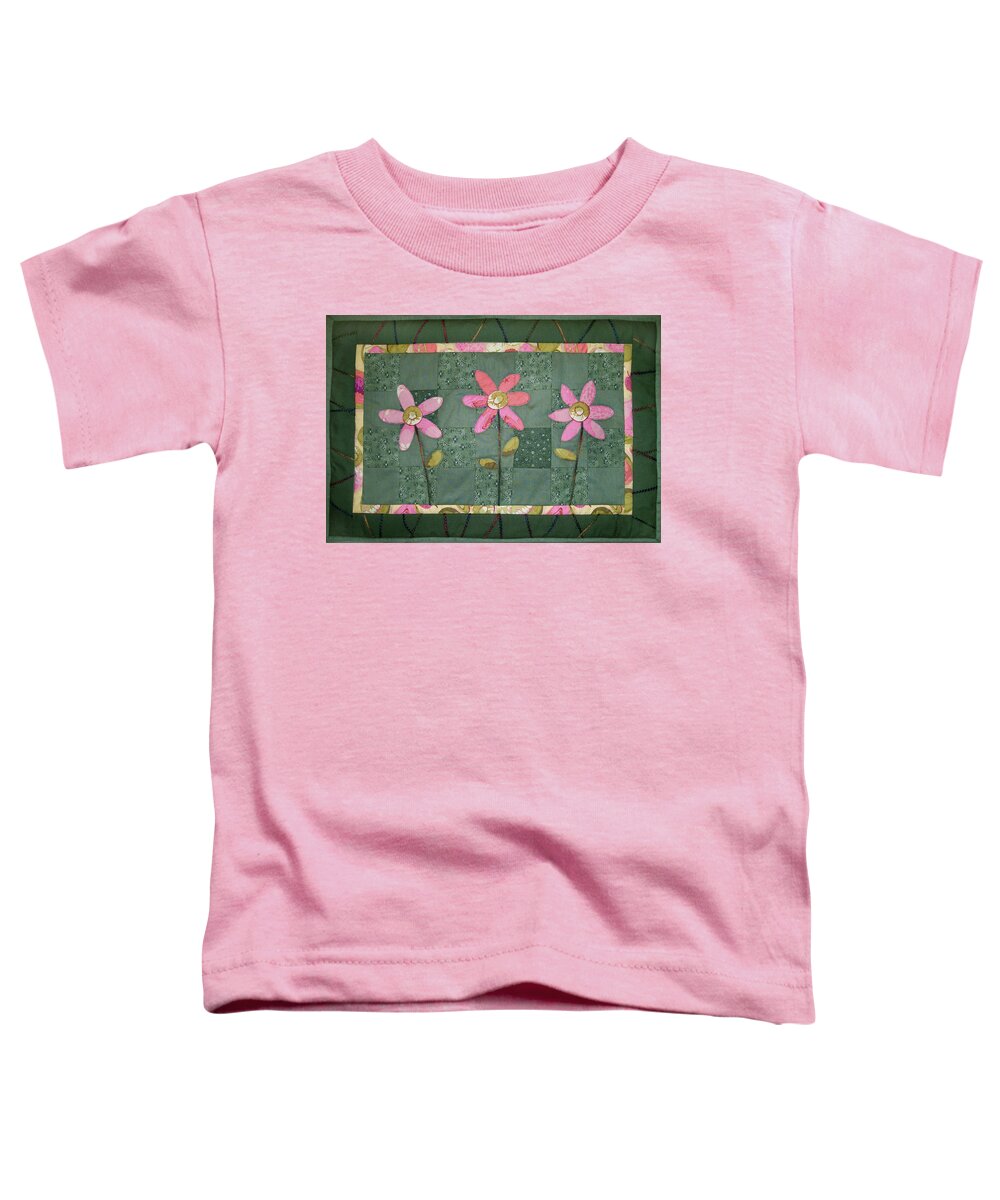 Art Quilt Toddler T-Shirt featuring the tapestry - textile Kiwi Flowers by Pam Geisel