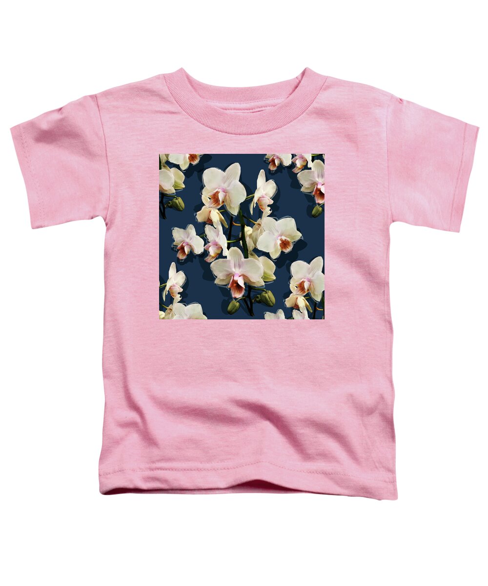 Glory Toddler T-Shirt featuring the mixed media Orchids - on dark blue by BFA Prints