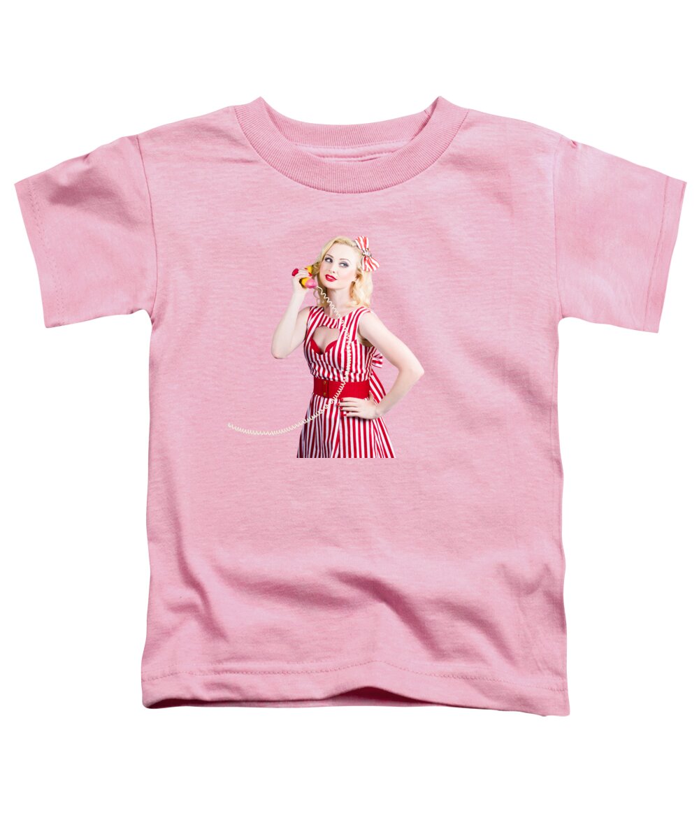 Pinup Toddler T-Shirt featuring the photograph Pin up woman ordering organic food on banana phone by Jorgo Photography