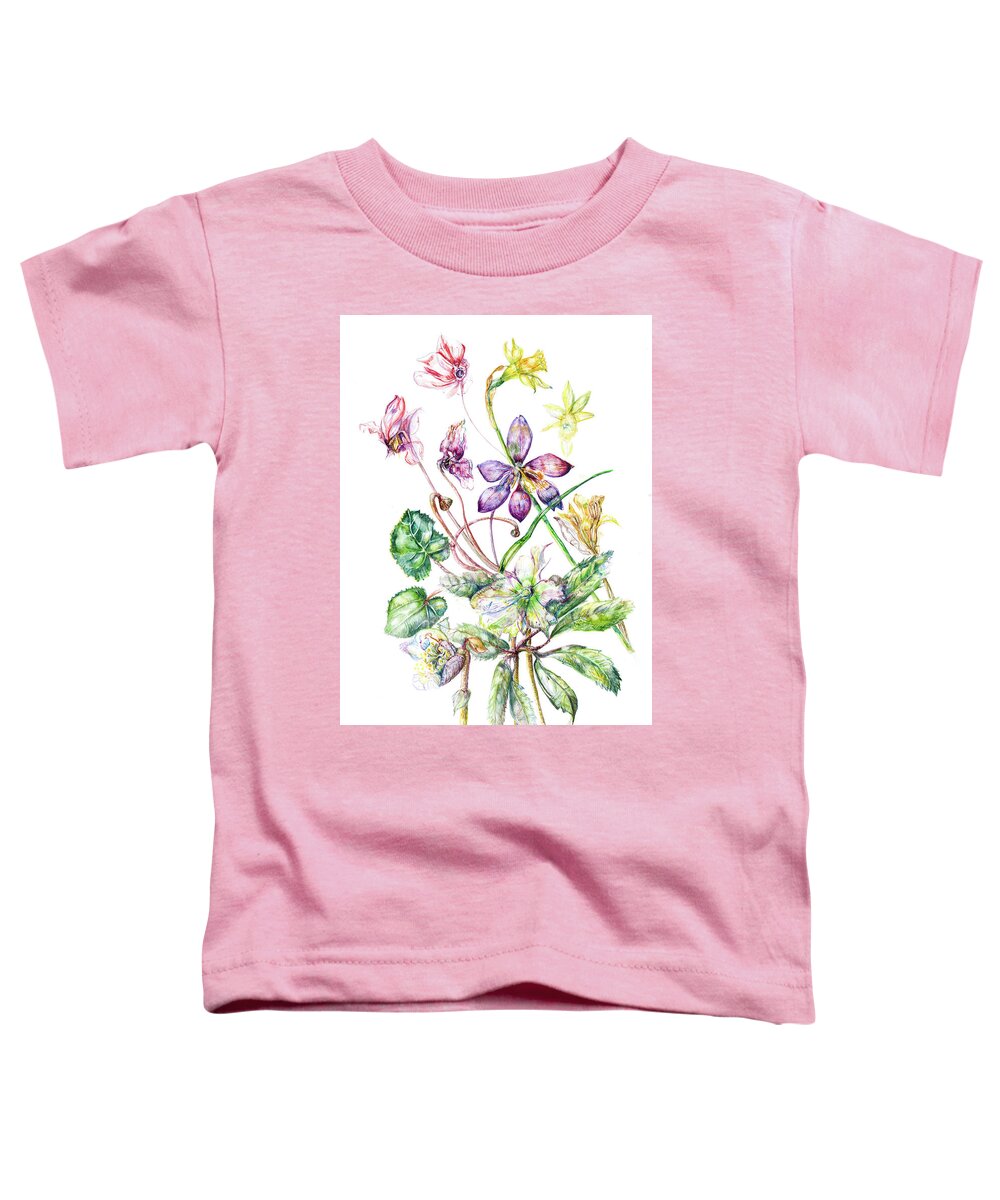Daffodils Toddler T-Shirt featuring the painting Spring flowers, cyclamen, Hellebore, daffodils by Gloria Newlan