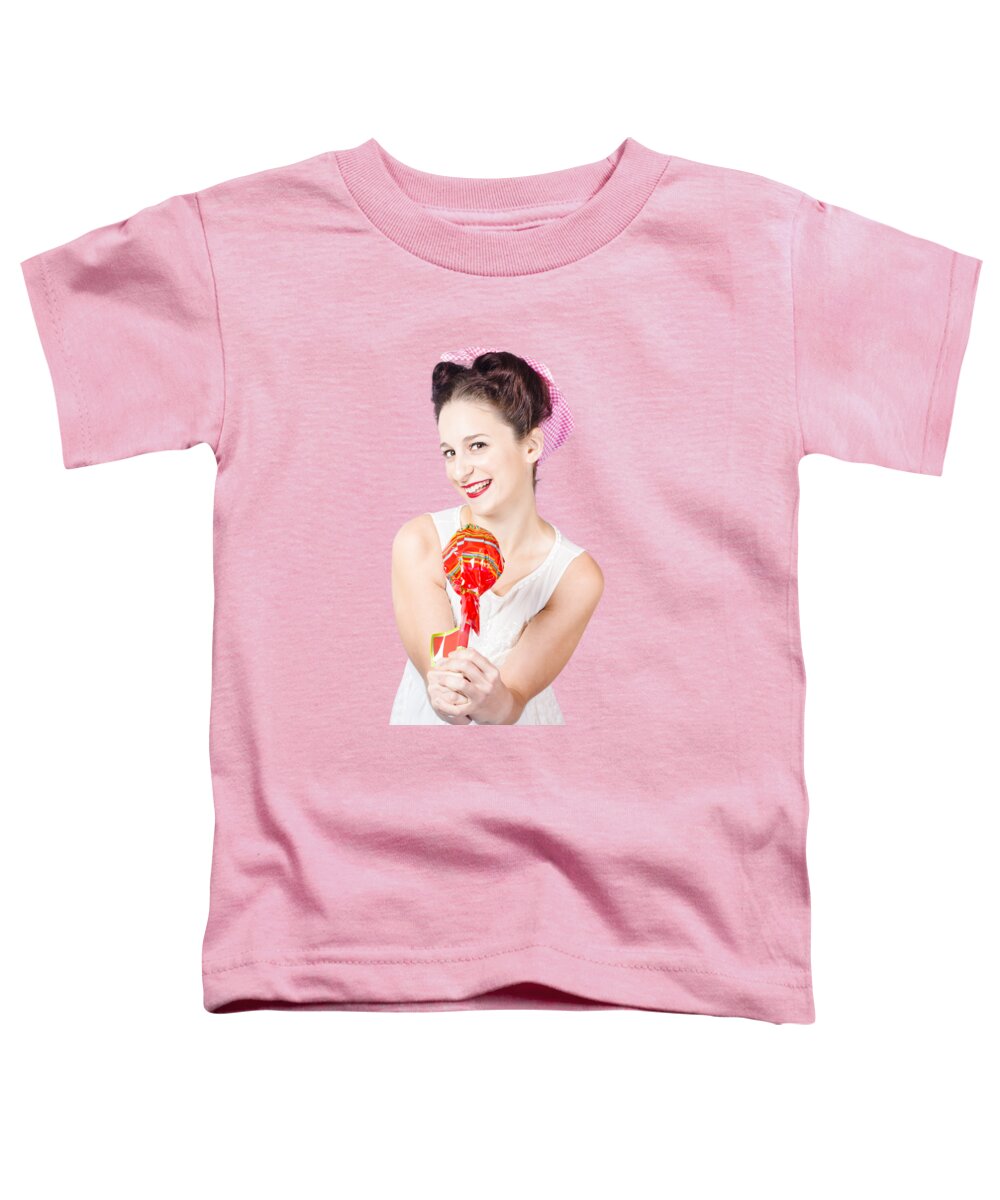 Confectionery Toddler T-Shirt featuring the photograph Sweet lolly shop lady offering over red lollipop by Jorgo Photography
