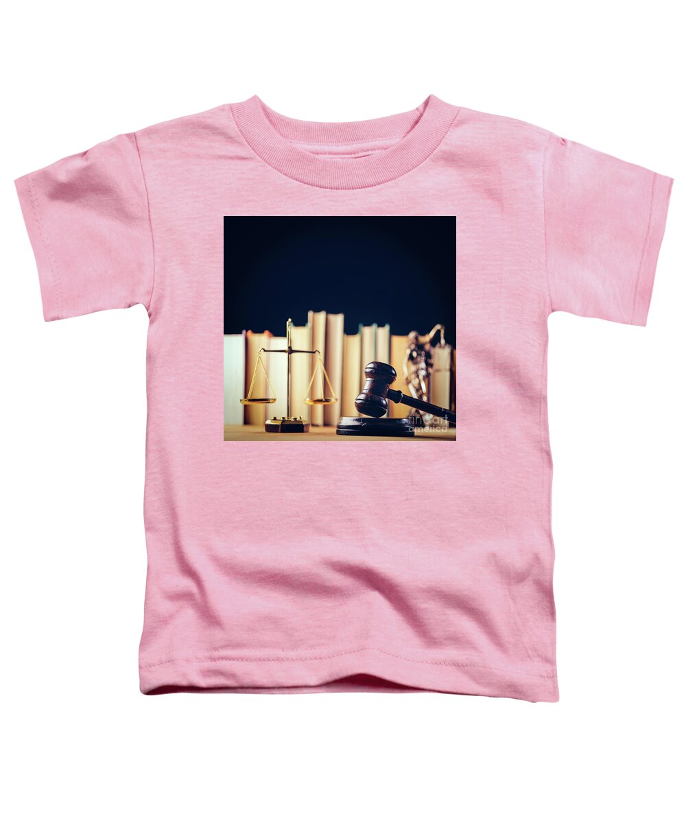 Hammer Toddler T-Shirt featuring the photograph Symbols of law - scale, hammer and Themis by Michal Bednarek