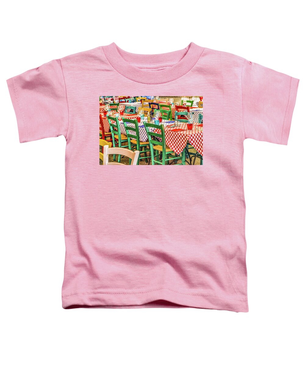 Cinque Toddler T-Shirt featuring the photograph tables in Italian restaurant by Vivida Photo PC