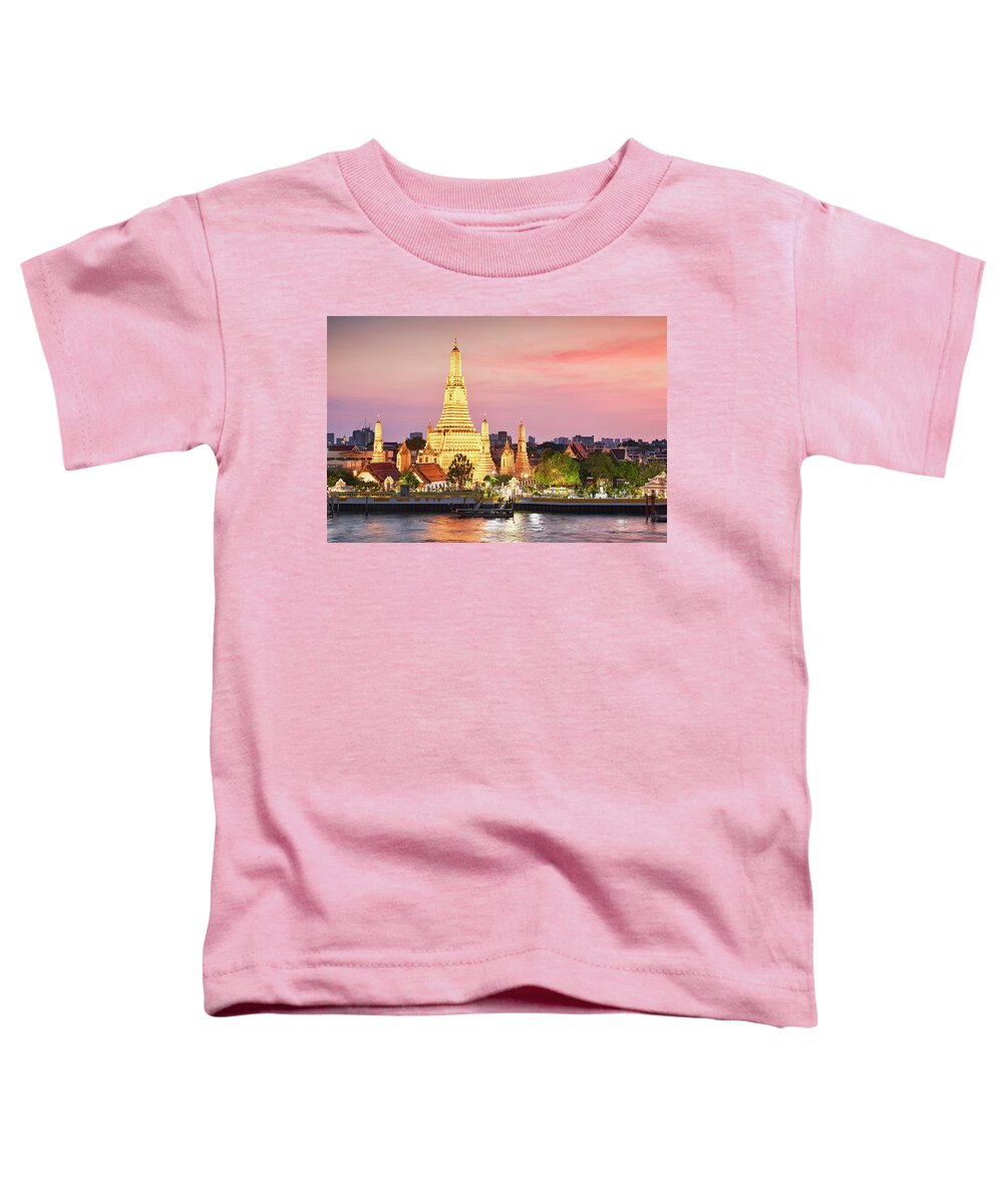 Estock Toddler T-Shirt featuring the digital art Thailand, Thailand Central, Bangkok, Tropics, Gulf Of Siam, Gulf Of Thailand, Wat Arun, Wat Arun And Chao Phraya River At Sunset by Richard Taylor