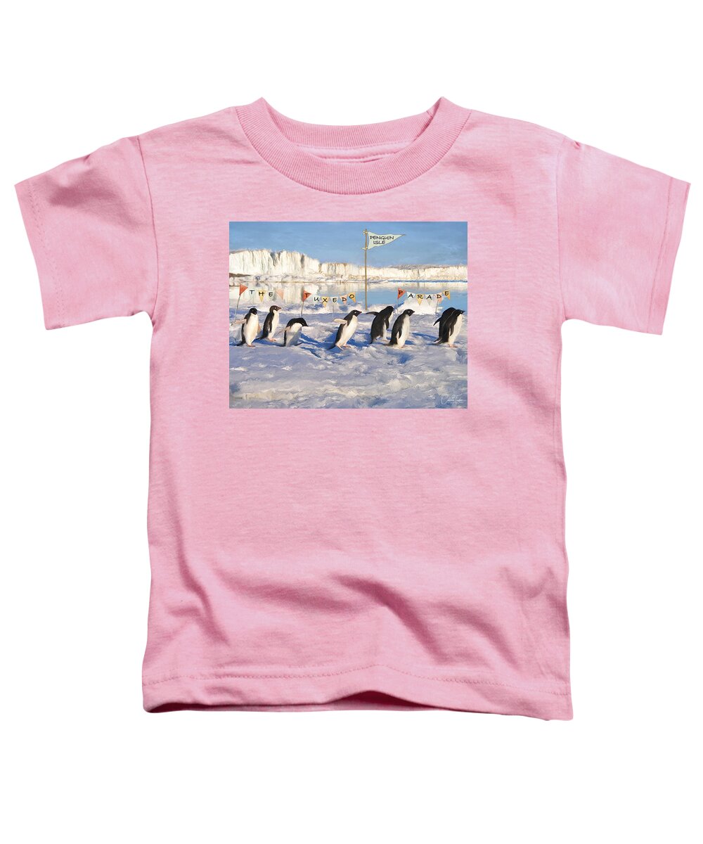 Penguins Toddler T-Shirt featuring the mixed media The Tuxedo Parade by Colleen Taylor