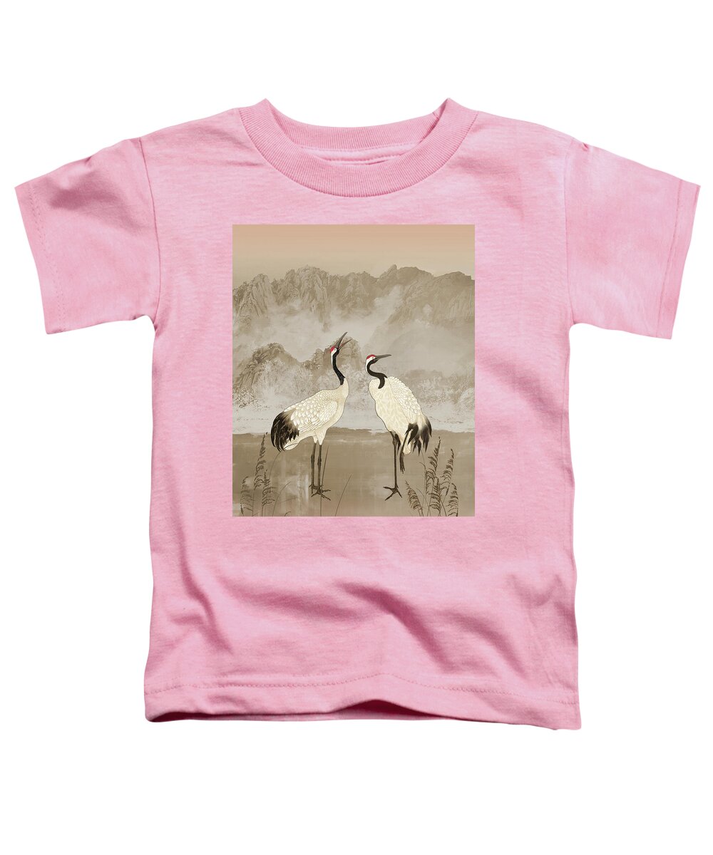 Bird Toddler T-Shirt featuring the mixed media Wintering Manchurian Cranes by M Spadecaller