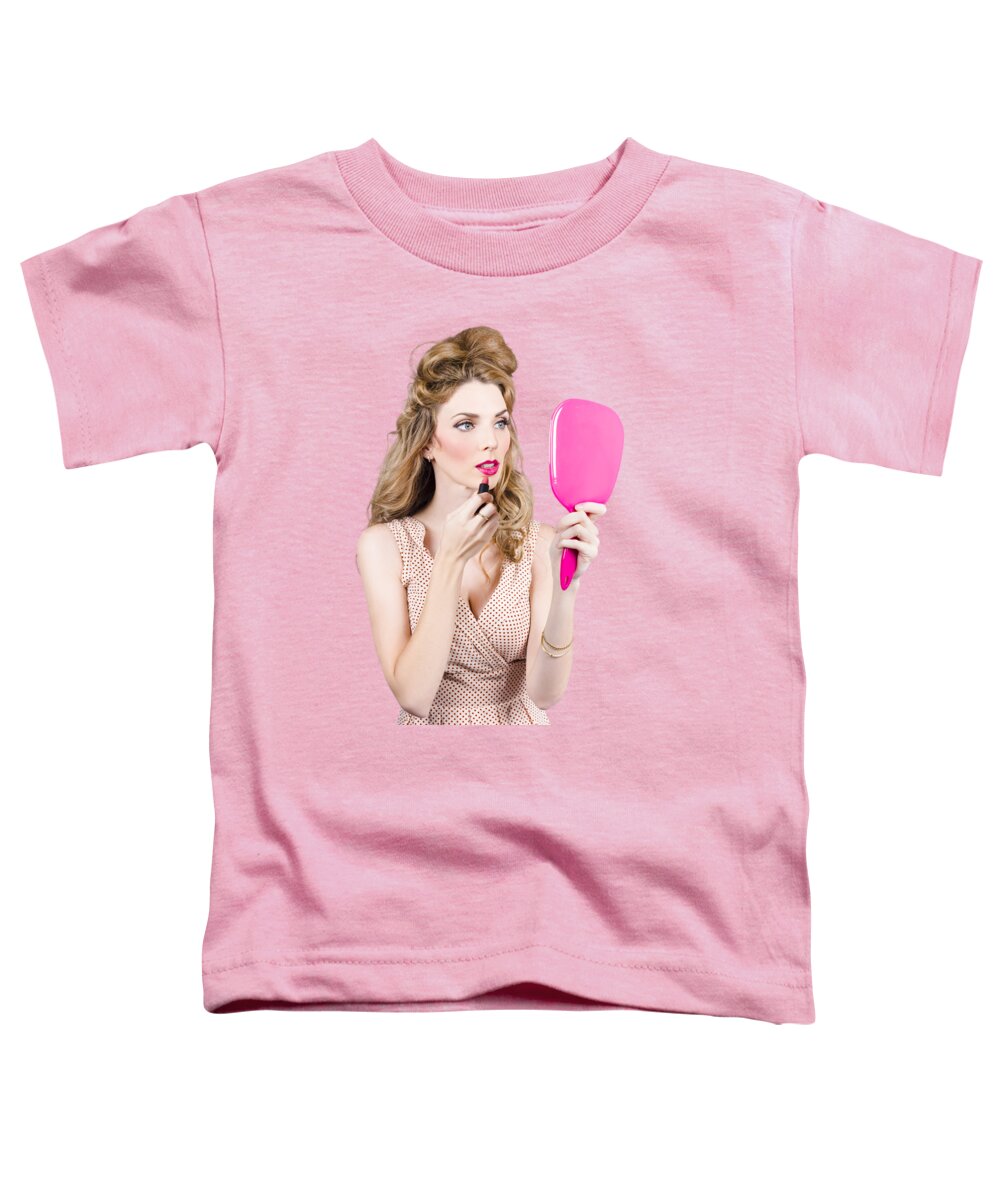 Cosmetics Toddler T-Shirt featuring the photograph Woman applying lip makeup with cosmetics mirror by Jorgo Photography