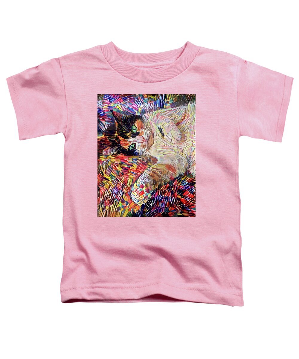 Cat Toddler T-Shirt featuring the digital art A Colorful Calico Cat Named Shadow by Peggy Collins