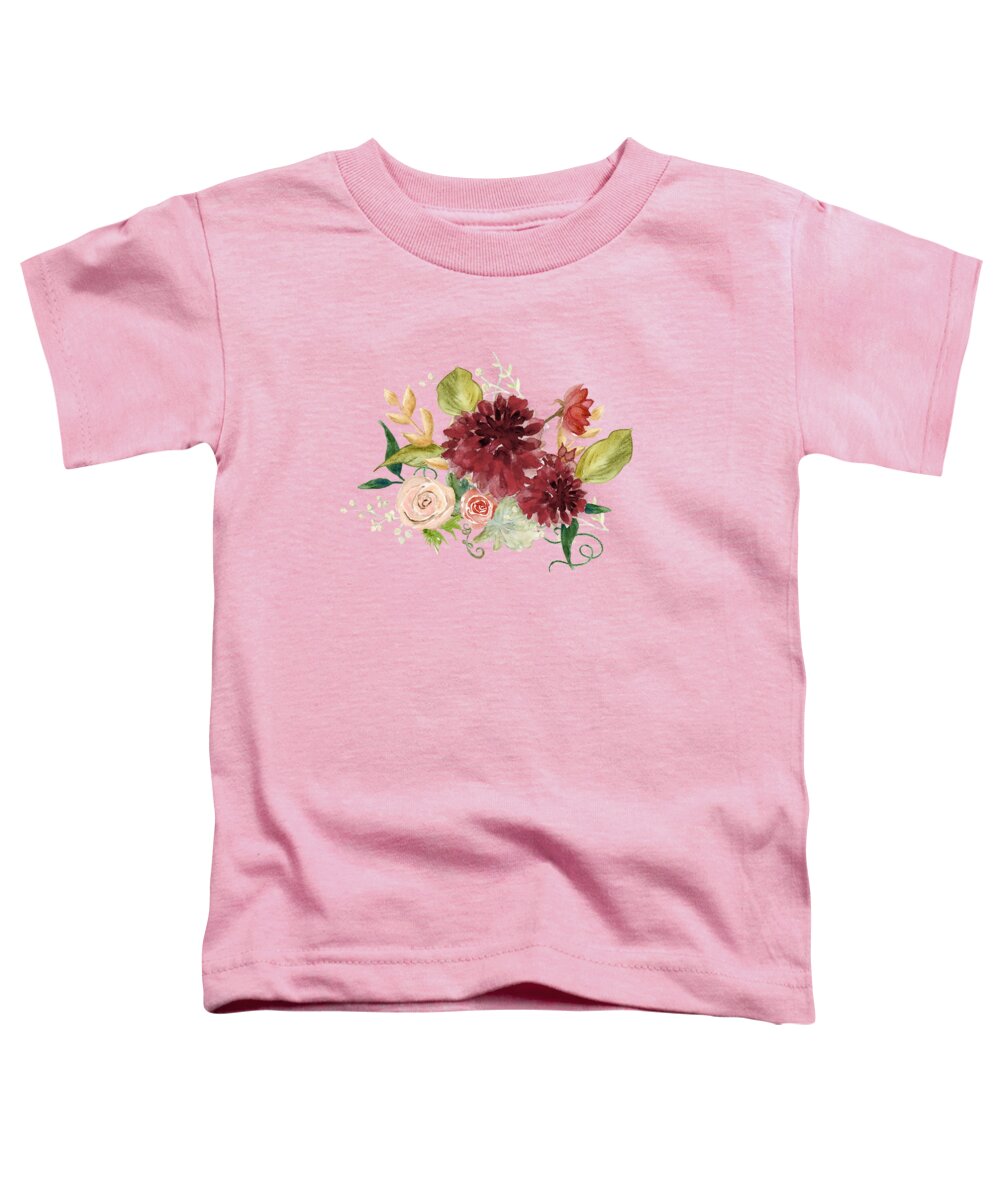 Modern Bohemian Floral Toddler T-Shirt featuring the painting Autumn Fall Burgundy Blush Floral Butterfly w Foliage Greenery by Audrey Jeanne Roberts