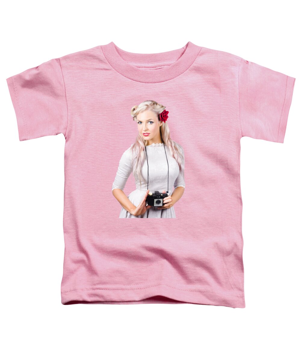 Portrait Toddler T-Shirt featuring the photograph Blond woman with camera by Jorgo Photography