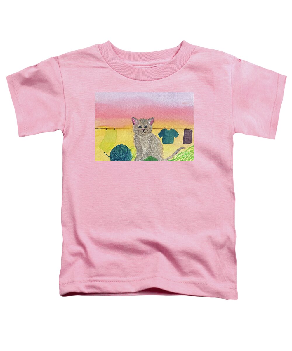 Cat Toddler T-Shirt featuring the mixed media Cat and Yarn by Lisa Neuman