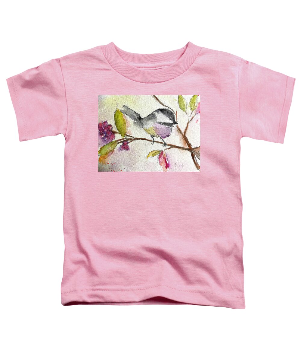 Watercolor Chickadee Toddler T-Shirt featuring the painting Chickadee perched in a Tree by Roxy Rich