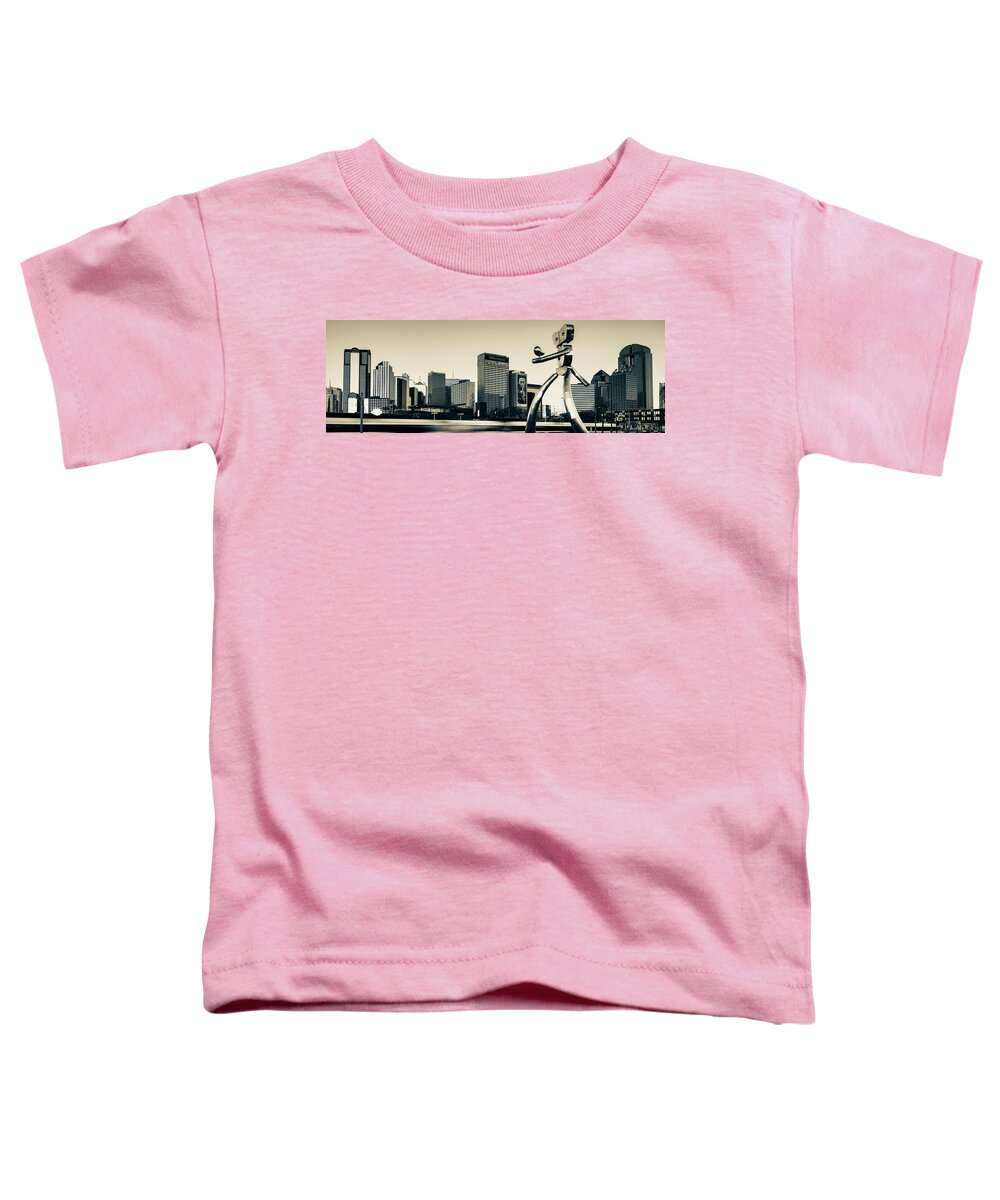 Dallas Skyline Toddler T-Shirt featuring the photograph Dallas Texas Traveling Man and City Skyline Panorama - Sepia Edition by Gregory Ballos