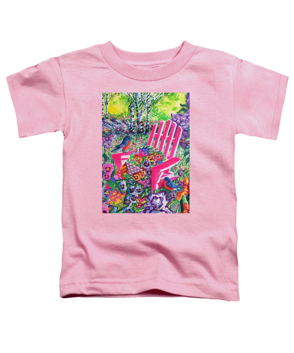 Blue Birds Toddler T-Shirt featuring the painting Flower basket Quilt and Bluebirds by Diane Phalen
