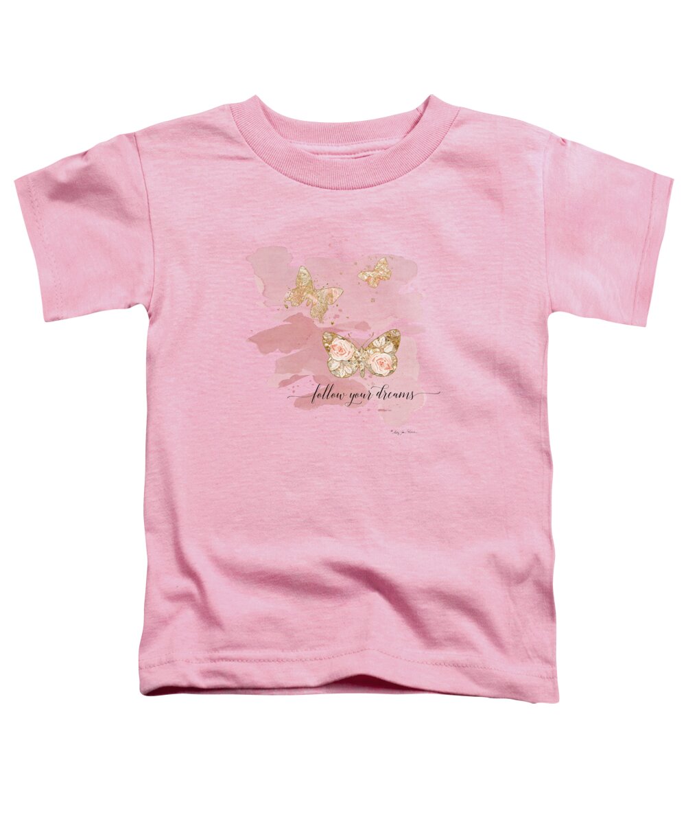 Blush Pink Gold Butterfly Toddler T-Shirt featuring the painting Free Spirit Butterflies Follow Your Dreams Blush Peach Rose Gold by Audrey Jeanne Roberts