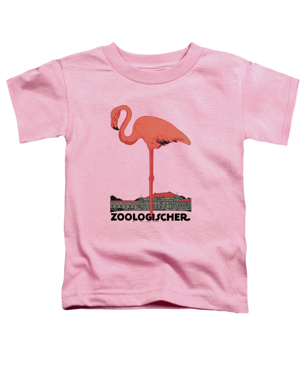 Vintage Advertisement Poster Toddler T-Shirt featuring the drawing Julius Klinger posters - Zoologisher Garten, pink flamingo, zoo garden advertisement by Julius Klinger