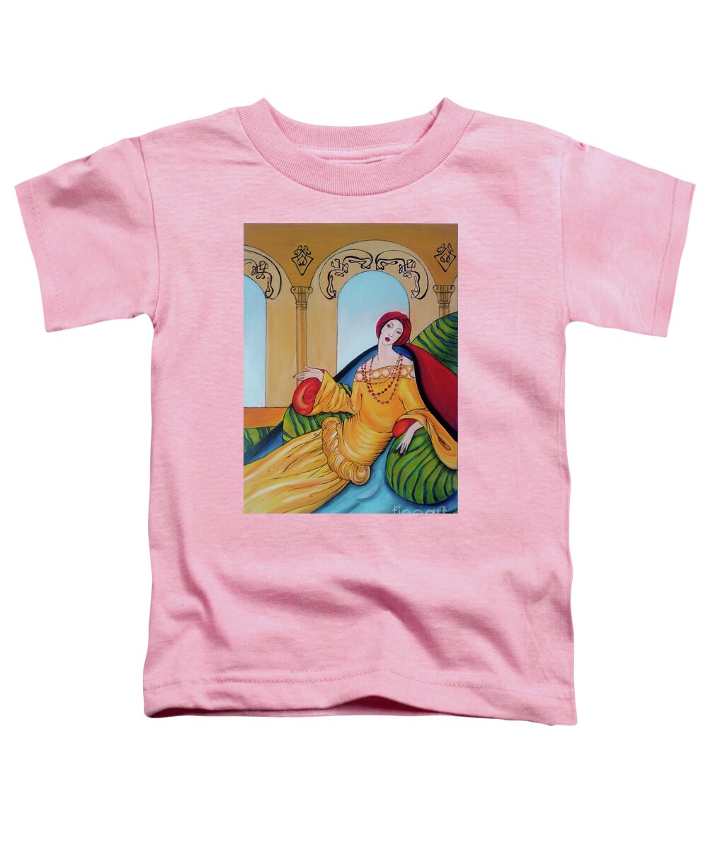 Lady Toddler T-Shirt featuring the painting Lady in Pillows by Leonida Arte