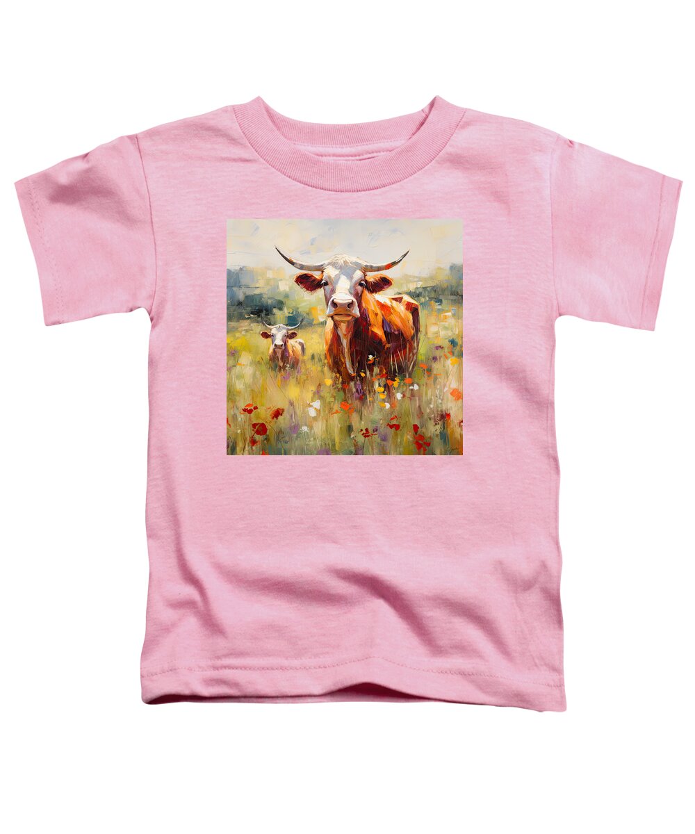 Texas Longhorn Toddler T-Shirt featuring the painting Longhorns in a Field of Flowers - Texas Art by Lourry Legarde