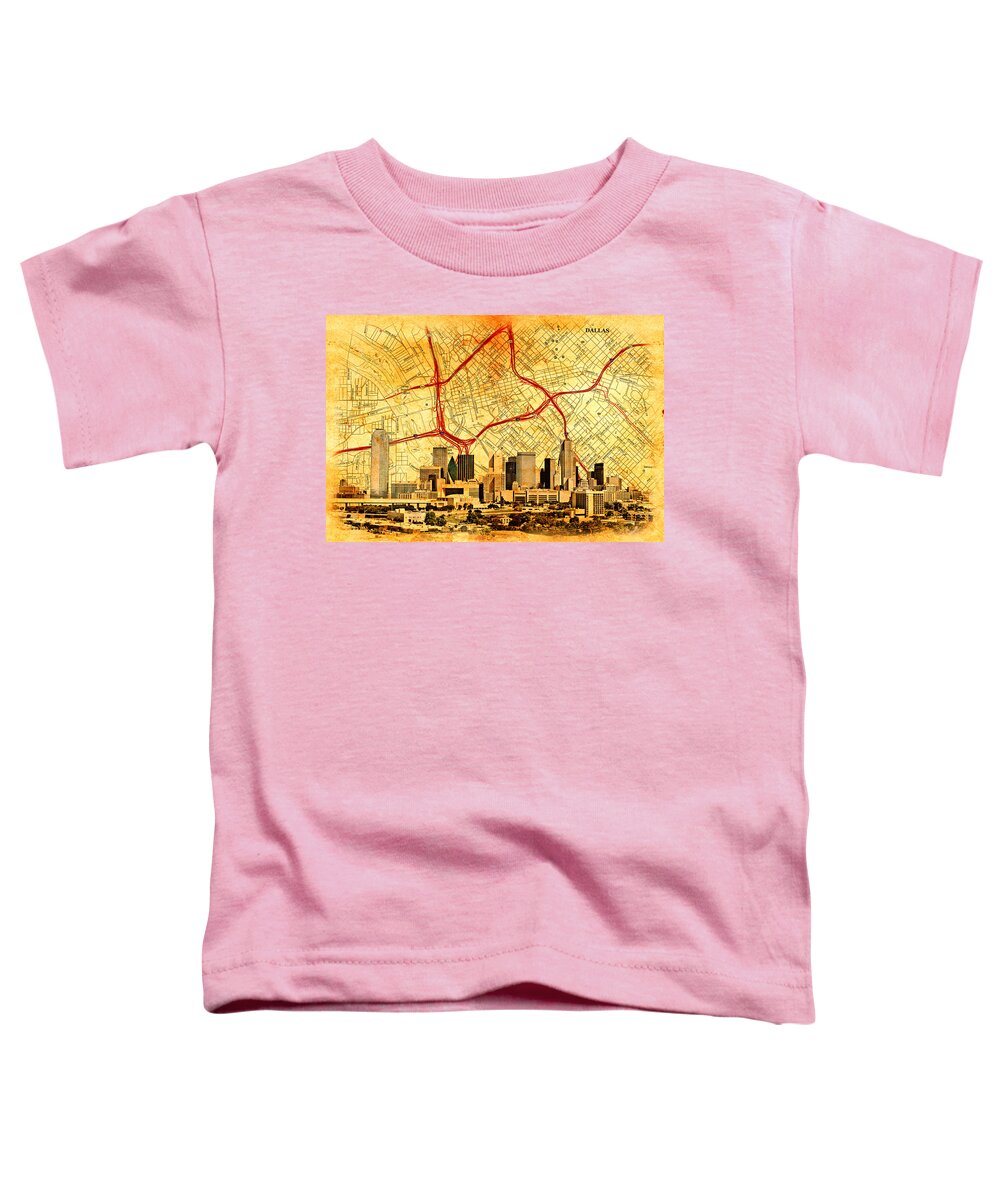 Dallas Toddler T-Shirt featuring the digital art Map of Downtown Dallas with the skyline of the city blended on old paper by Nicko Prints