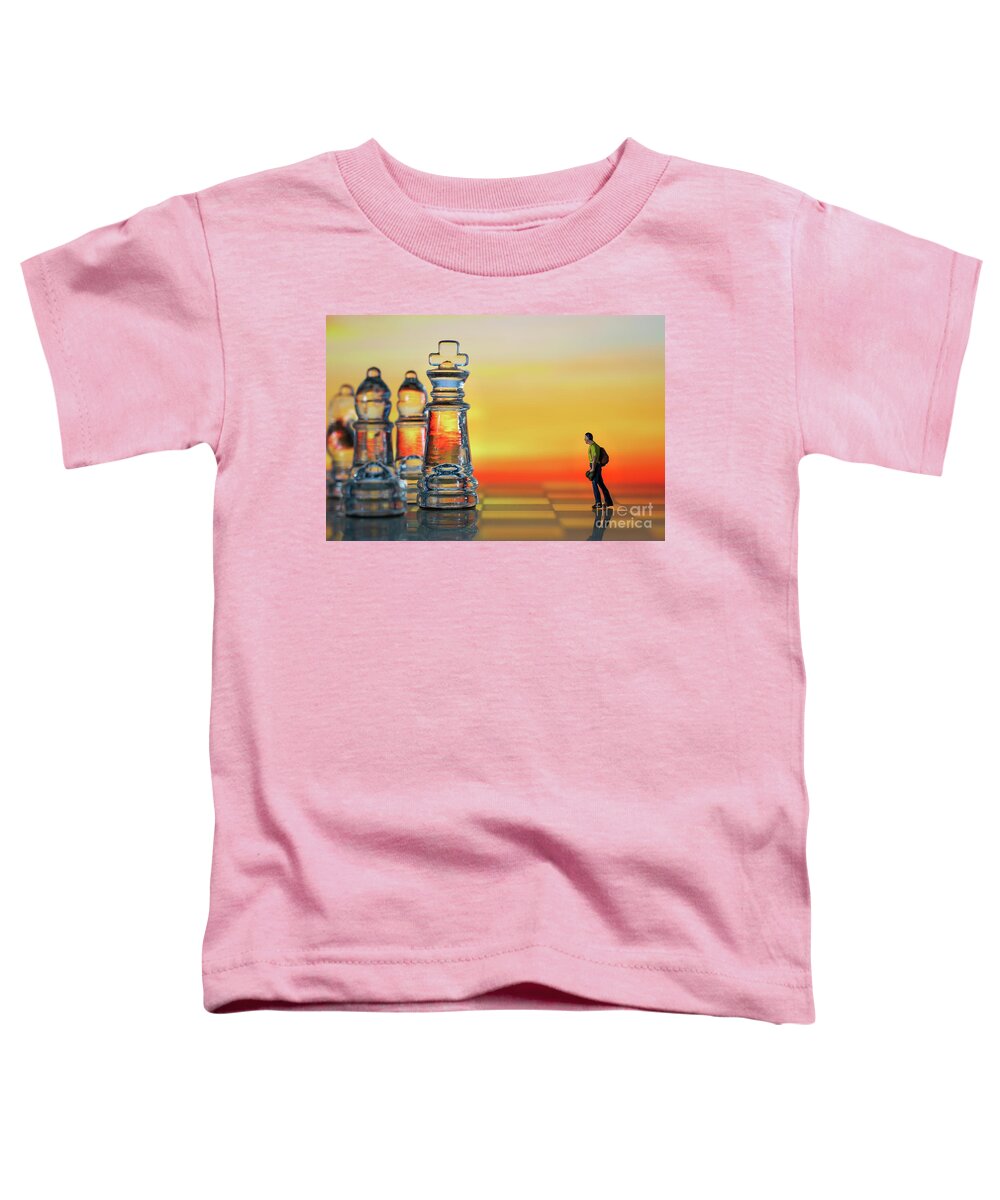 Rule Toddler T-Shirt featuring the photograph Miniature figure people as businessman standing face to face with King chess piece on chessboard. Sunset background. Macro by Pablo Avanzini