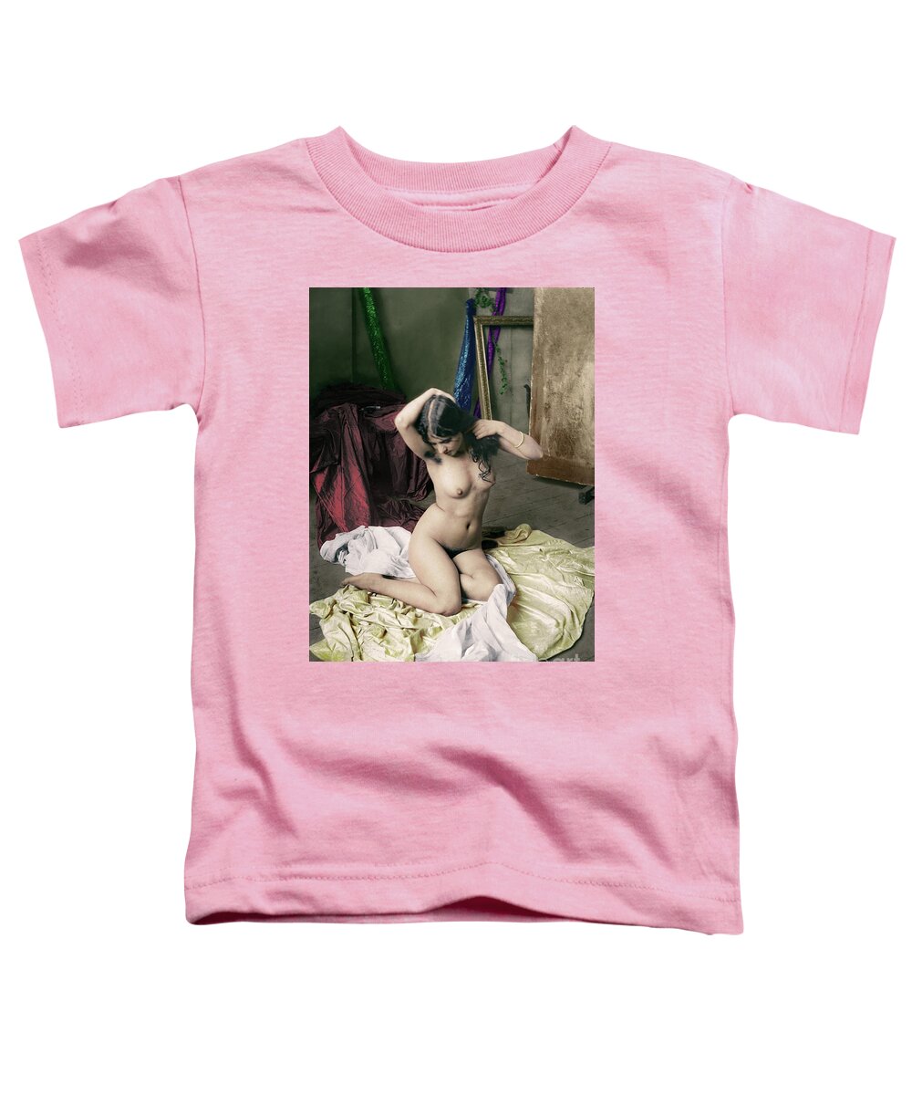Model Nude Artistic Silk Sexy Vintage 1900s Girl Colorization Colorized Colors Photomanipulation Toddler T-Shirt featuring the mixed media Model on Silk by Franchi Torres