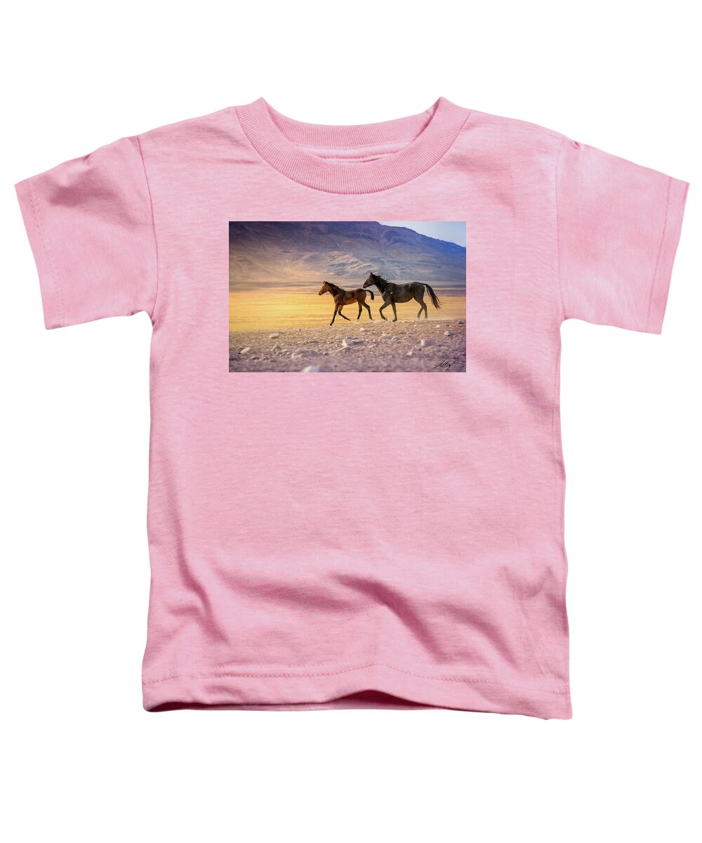 Meg Leaf Toddler T-Shirt featuring the photograph Onaqui Mare and Foal Trot by Meg Leaf