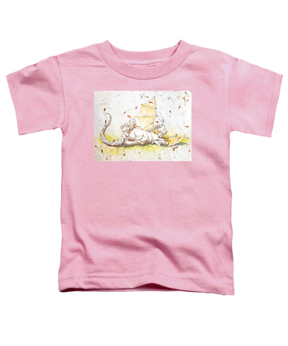 Watercolor Toddler T-Shirt featuring the drawing Petal Playing Dragon by Merana Cadorette