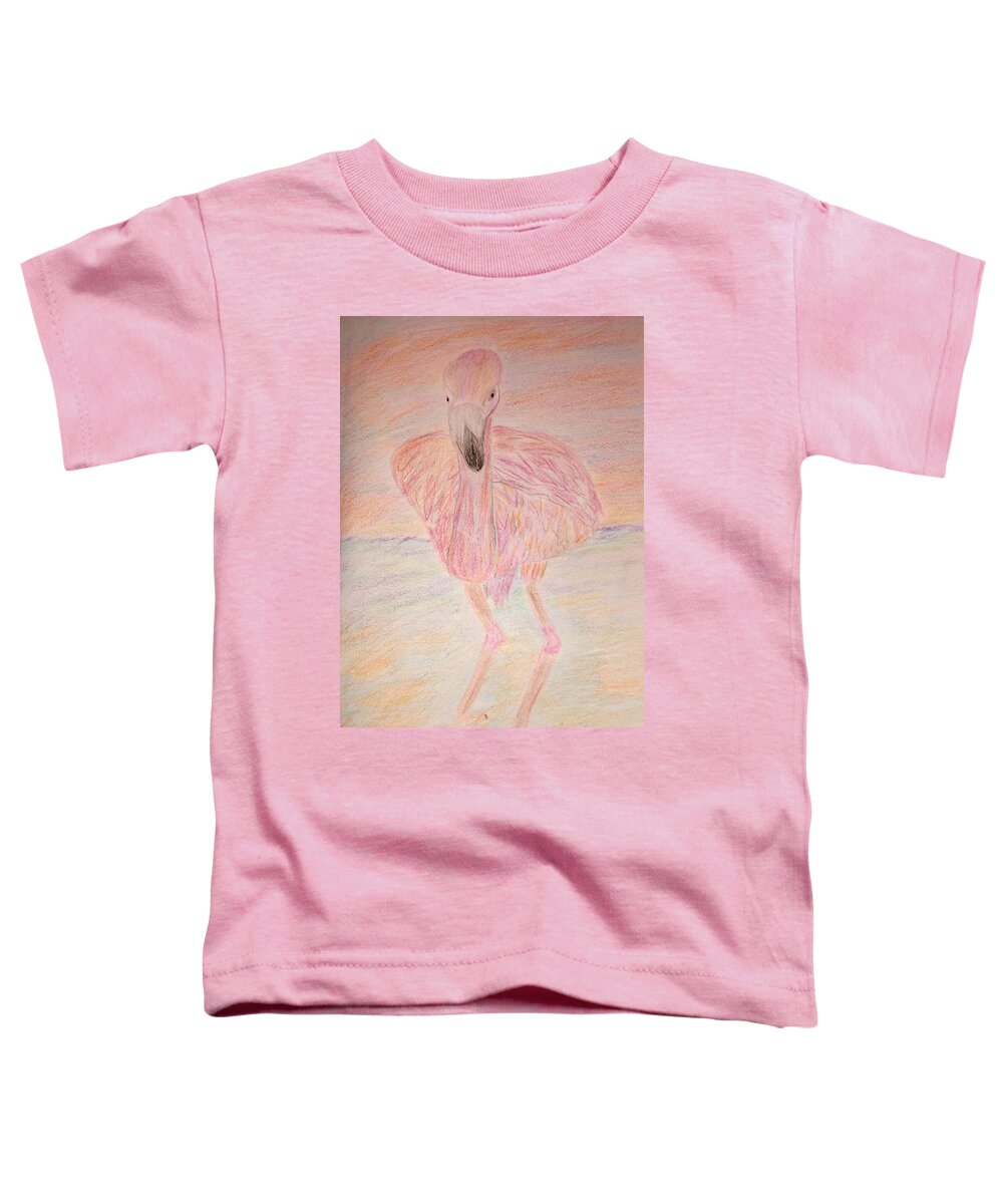 Pink Toddler T-Shirt featuring the drawing Pink Flamingo at Sunset by Suzanne Berthier