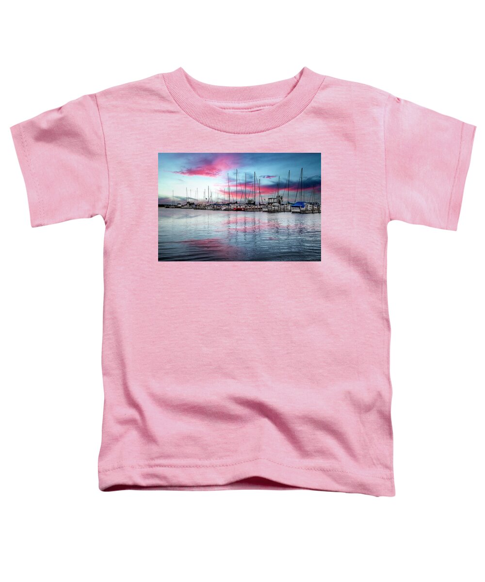 Boats Toddler T-Shirt featuring the photograph Reflections and Boats at the Harbor by Debra and Dave Vanderlaan