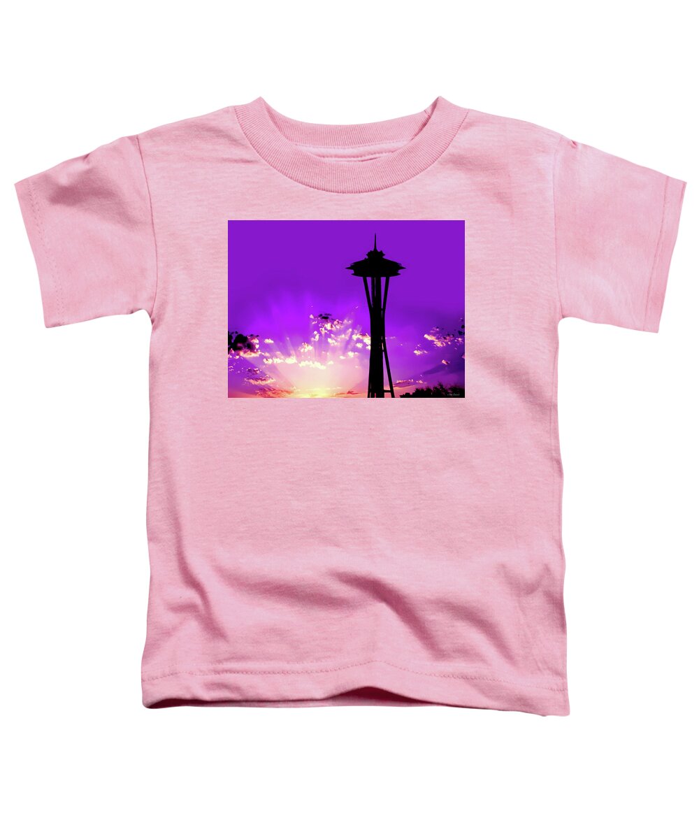Landmarks Toddler T-Shirt featuring the digital art Space Needle Sunburst by Eddie Eastwood