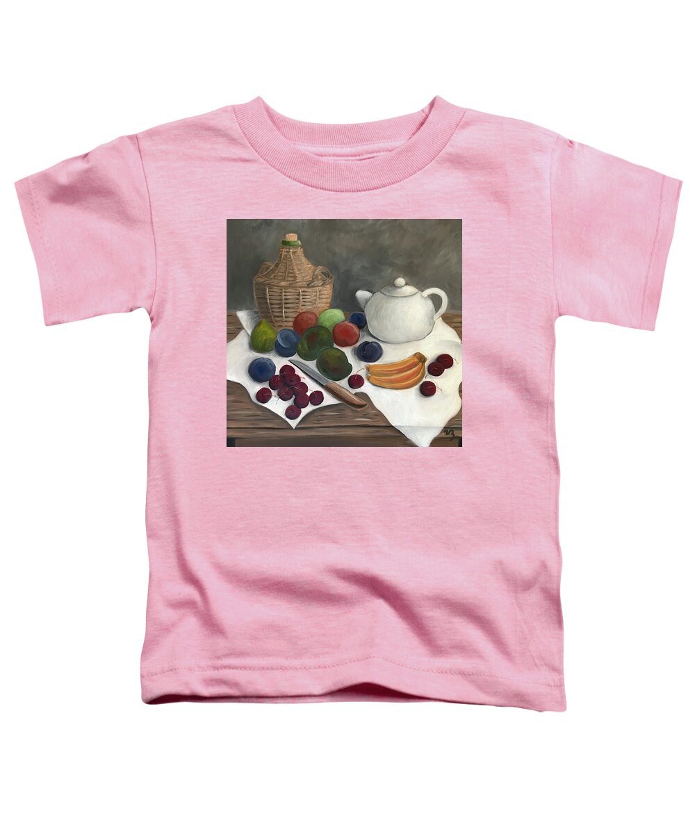 Still Life Toddler T-Shirt featuring the painting Still Life with Jug Wine and Fruits by Victoria Lakes