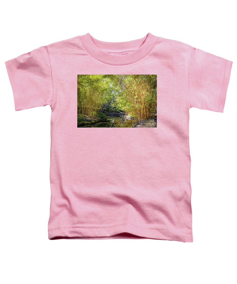 Bambusoideae Toddler T-Shirt featuring the photograph Stream through the Bamboo Grove by Susan Vineyard