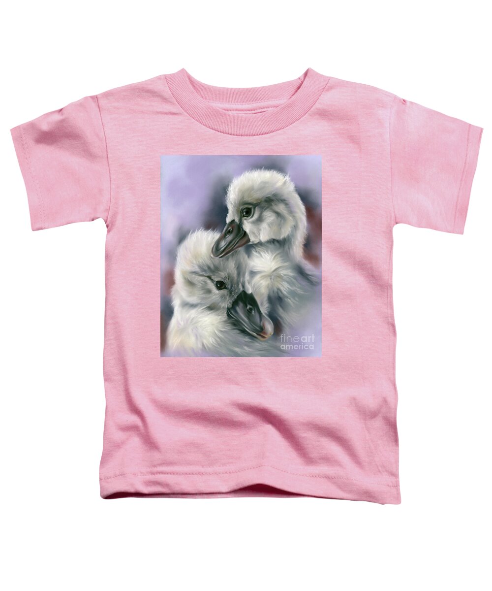 Bird Toddler T-Shirt featuring the painting Sweet Cygnet Pair on Purple by MM Anderson