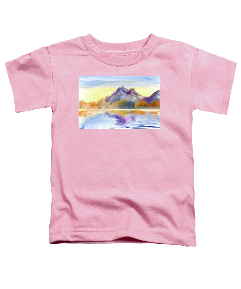 Watercolor Toddler T-Shirt featuring the digital art Watercolor Sunrise Mountain Scenery View Painting by Sambel Pedes