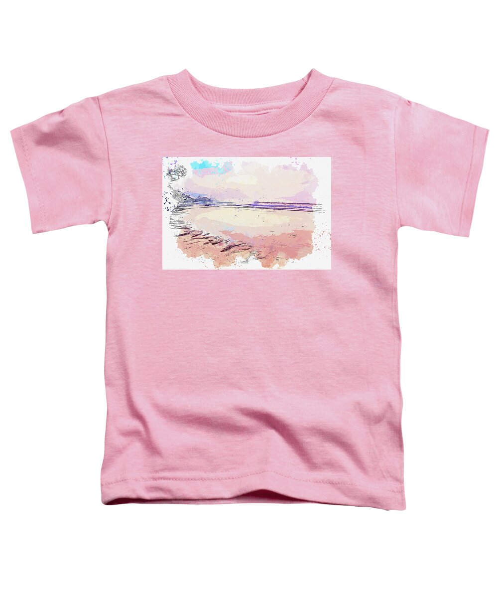 Wavy Sea Under Bright Sky At Sunset Toddler T-Shirt featuring the digital art Wavy sea under bright sky at sunset, watercolor, ca 2020 by Ahmet Asar by Celestial Images