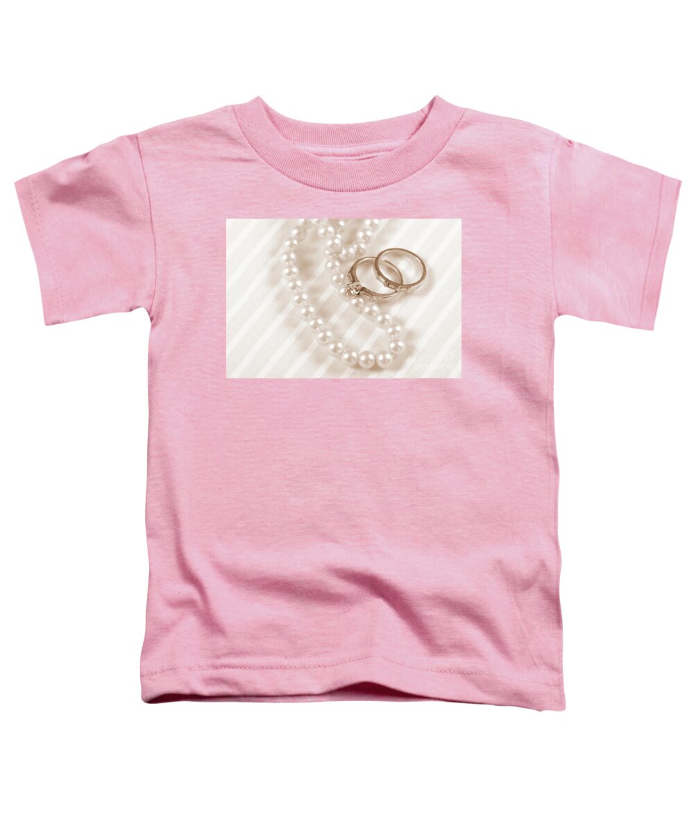 Card Toddler T-Shirt featuring the photograph Wedding and diamond engagement rings with pearl necklace by Milleflore Images