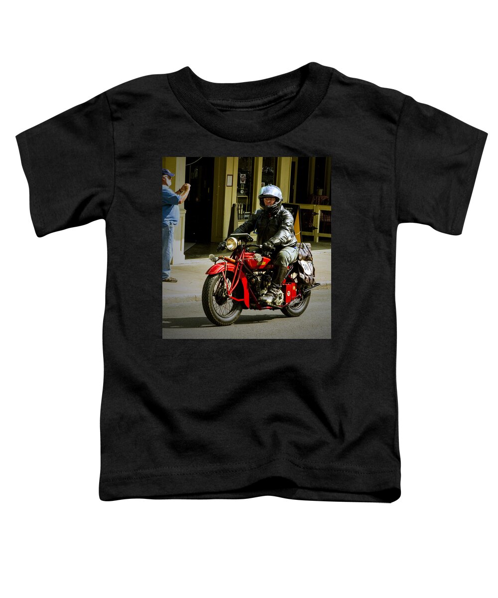 Cannonball Motorcycle Toddler T-Shirt featuring the photograph # 70 rolls in to Cape G'. by Jeff Kurtz